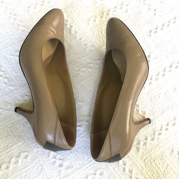 VTG Perry Ellis Portfolio Leather Heels Taupe Green Diamond 80s Italy 8 B Career - Picture 6 of 15